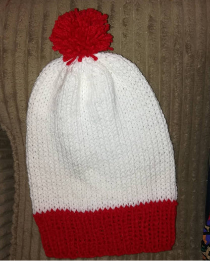Red and White Knitted Holiday Hat, Christmas, Costume Beanie Hat,  Striped with Pom Pom