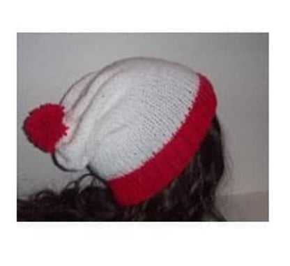 Red and White Holiday, Christmas Knit Hat, Slouchy, Striped with Pom Pom