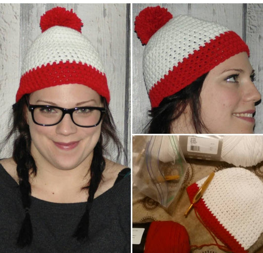Red and White Holiday, Christmas, Costume Beanie Hat,  Striped with Pom Pom
