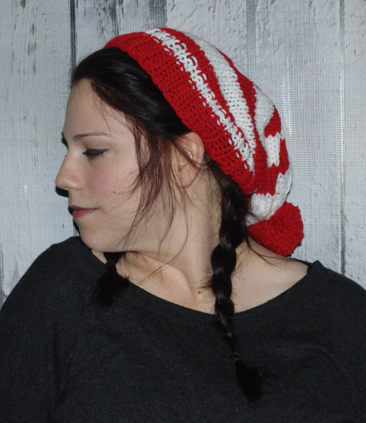 Red and White Holiday Christmas Costume Hat, Slouchy, Striped with Pom Pom