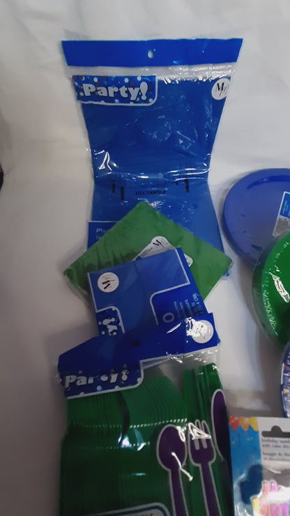 Blue & Green Balloon Party Set for 16 – Disposable Plates, Napkins, Cups & Decorations