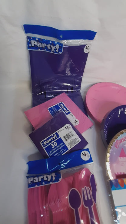 Pink & Purple Princess Birthday Party Set for 16 – Disposable Plates, Napkins, Cups & Decorations