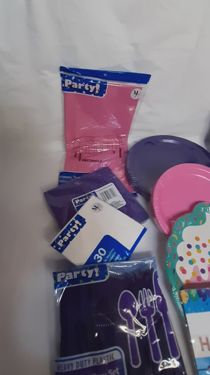 Pink & Purple Cupcake Birthday Party Set for 16 – Disposable Plates, Napkins, Cups & Decorations
