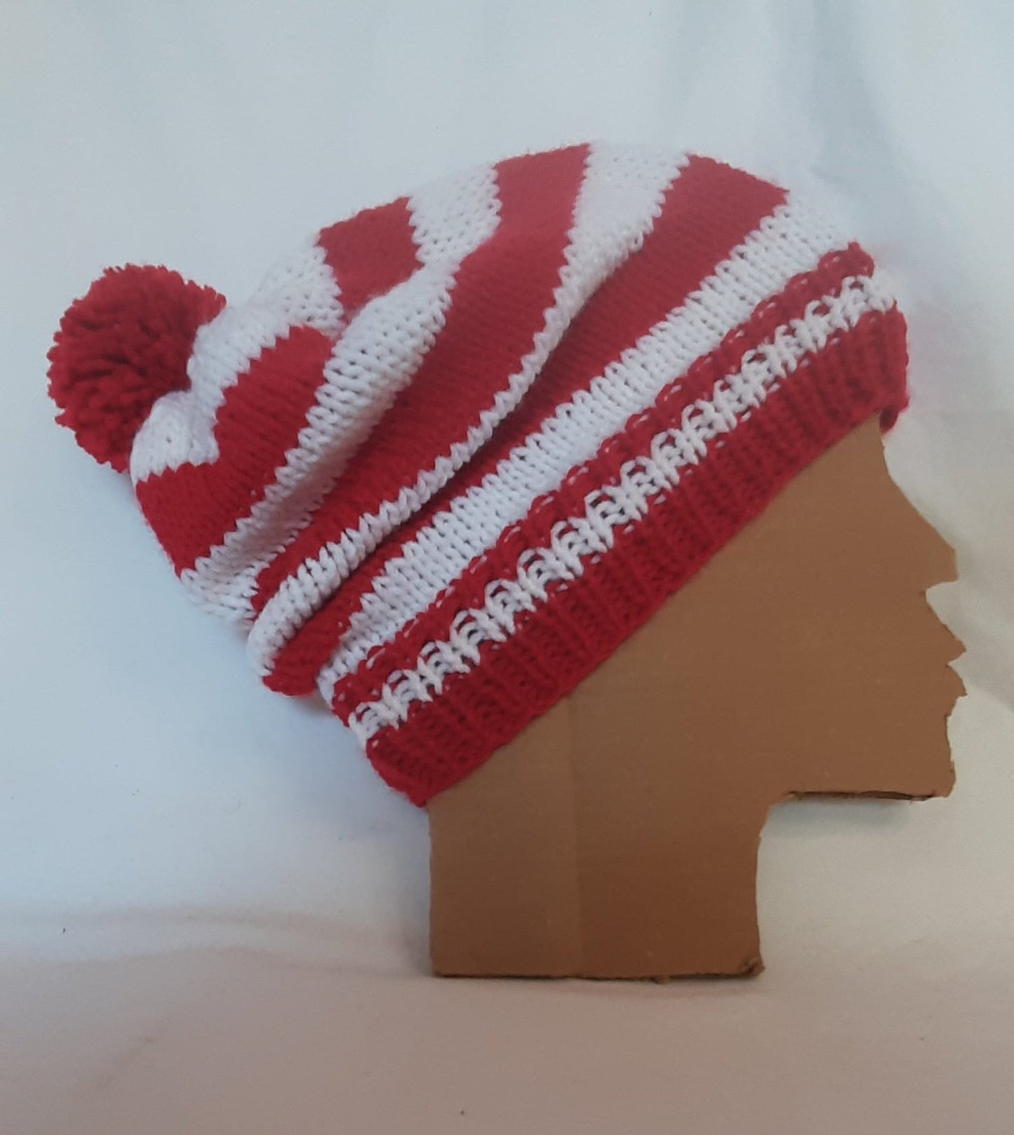 Red and White Holiday Christmas Costume Hat, Slouchy, Striped with Pom Pom