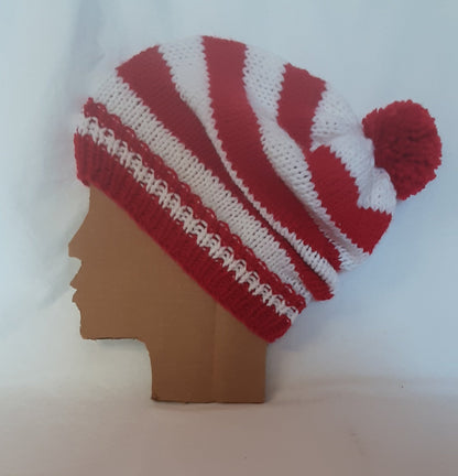Red and White Holiday Christmas Costume Hat, Slouchy, Striped with Pom Pom